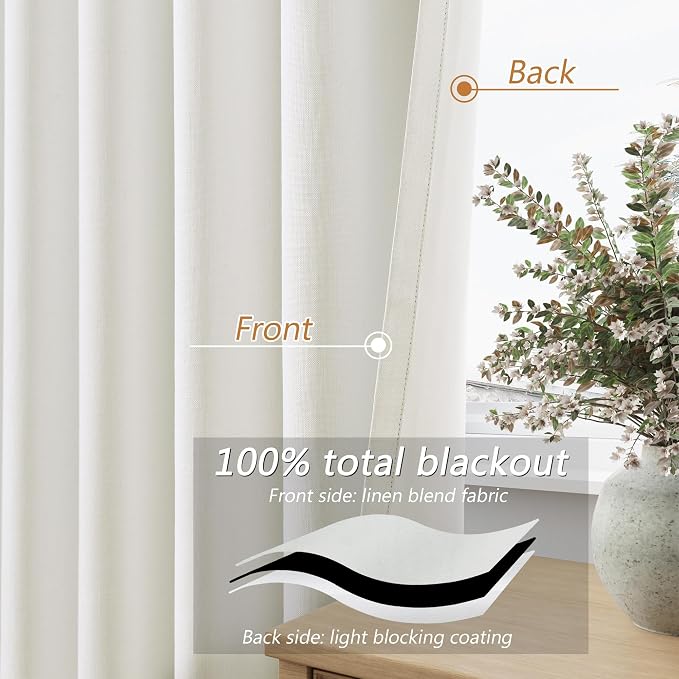 Guken Ivory 100% Blackout Linen Curtains 72 Inch Length 2 Panels Set - Image 4