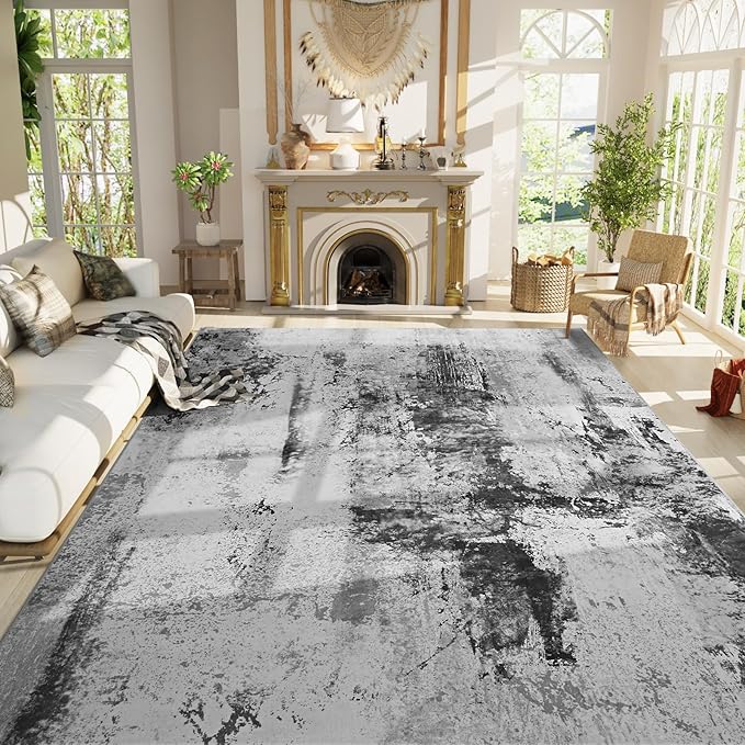 Living Room Rug 9x11 Ink Black Area Rugs Machine Washable Abstract Boho Large by OmpaaHomeDecor