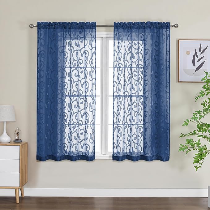 OWENIE Furman Blue Sheer Curtains 54 Inch Length 2 Panels Set - Image 2