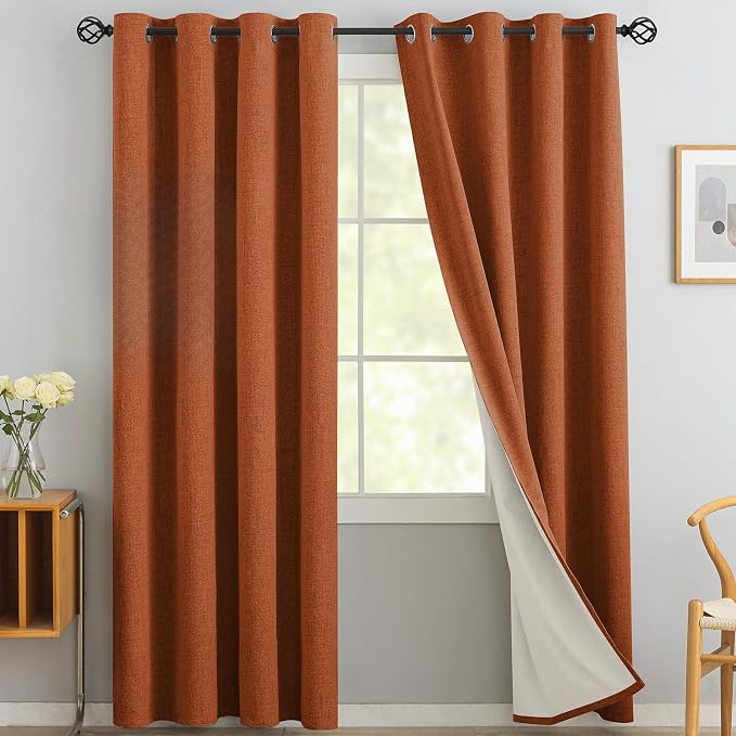 Yakamok Burnt Orange Linen Curtains 100% Blackout 84 Inches Long, Room by Yakamok