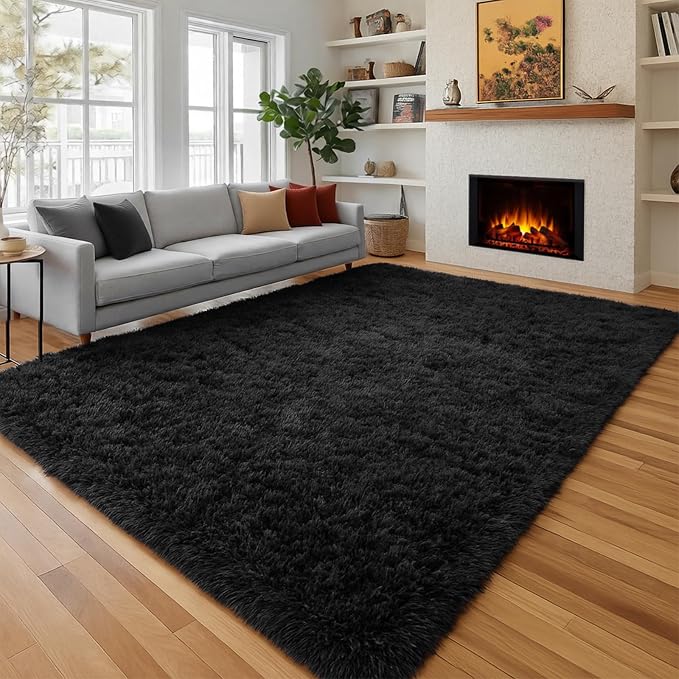 Black Fluffy Area Rugs for Bedroom 5x7, Soft Shaggy Washable Farmhouse Rugs | - Image 4