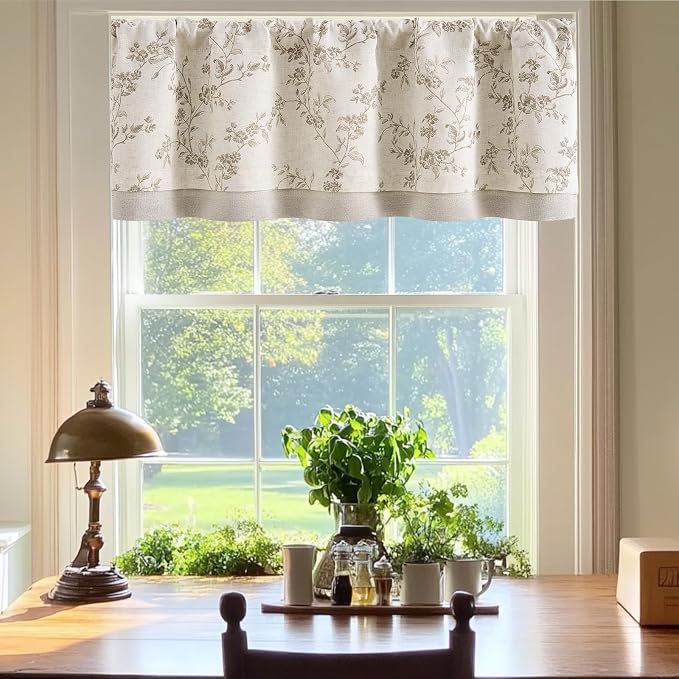 jinchan Linen Kitchen Valance for Windows 16 Inch Floral Double Layer Valance - Image 3
