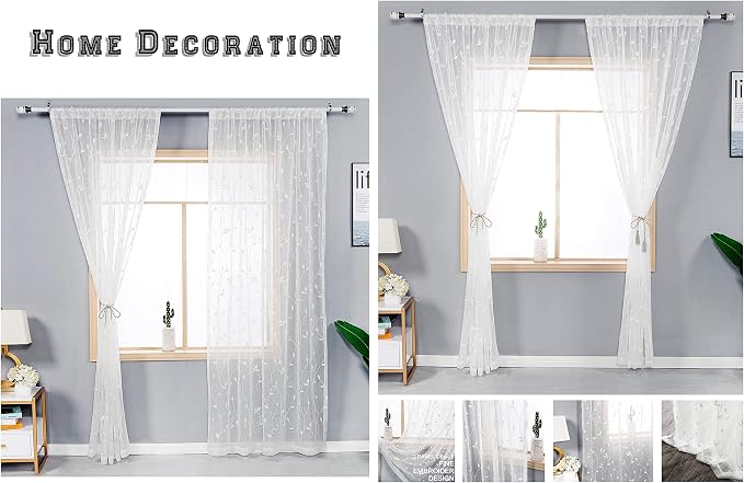 AmHoo 2 Panels Embroidered Leaf Pattern Semi Sheer Curtains Foliage Floral - Image 5