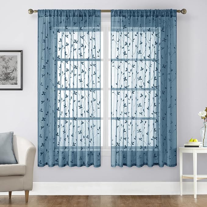 HOMEIDEAS Cyan Blue Sheer Curtains 52 X 63 Inches Length 2 Panels Embroidered by HOMEIDEAS