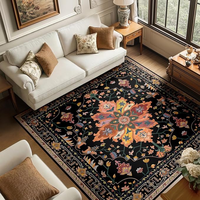 Area Rugs Square 6ft Washable Non-Slip, Floral Vintage Distress Print Pattern by RELEANY