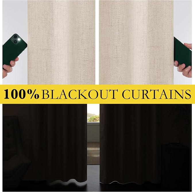 NICETOWN 100% Blackout Beige Linen Bedroom Curtains 95" Length - Image 4