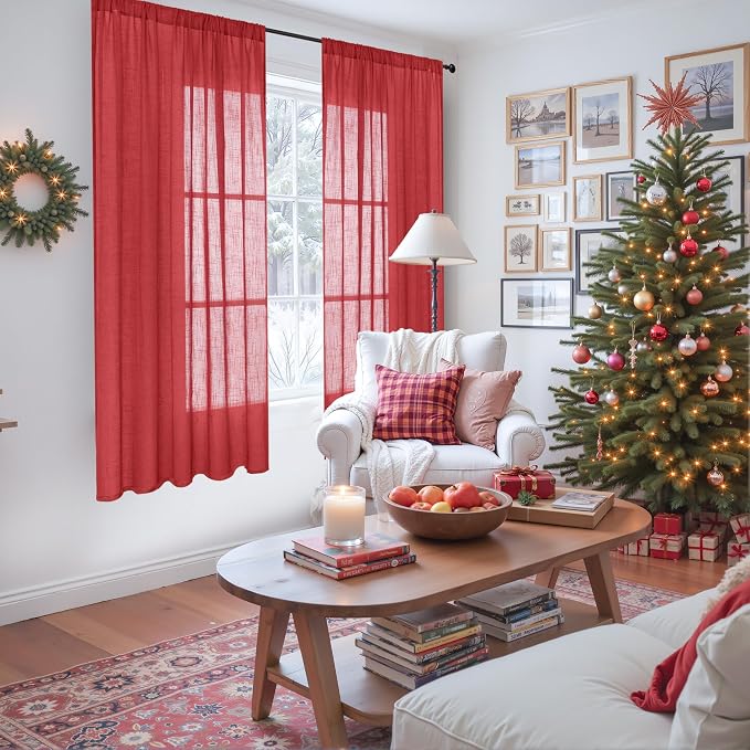 BGment Red Linen Curtains 63 Inches Long - Image 2