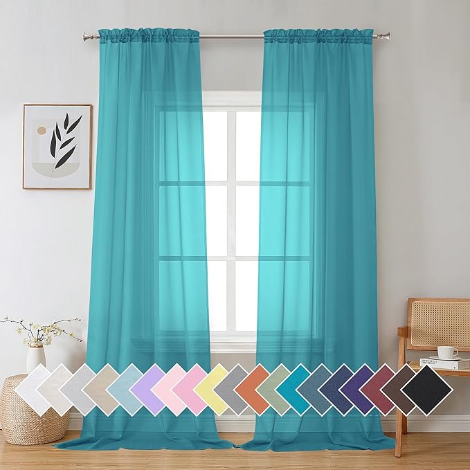Aiyufeng Turquoise Sheer Curtains 96 Inches Long 2 Panels Set, Light Filtering by Aiyufeng