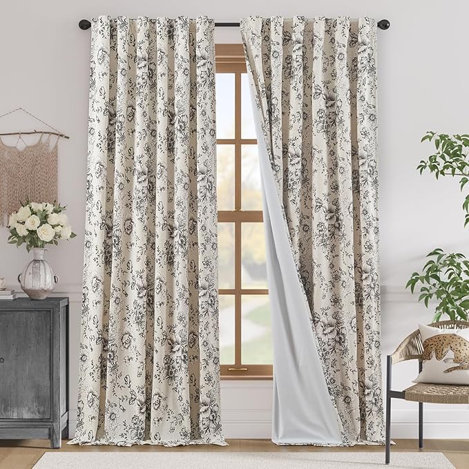 jinchan Lined Linen Blend Curtain Floral Curtains by JINCHAN