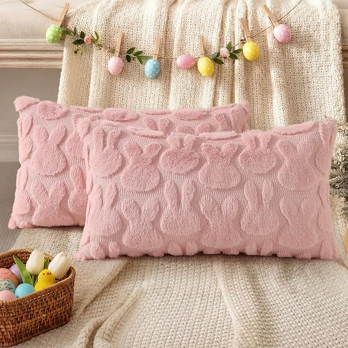 decorUhome Easter Bunny Pillow Covers 12x20 Inch Set of 2, Soft Plush Faux Wool - Image 5