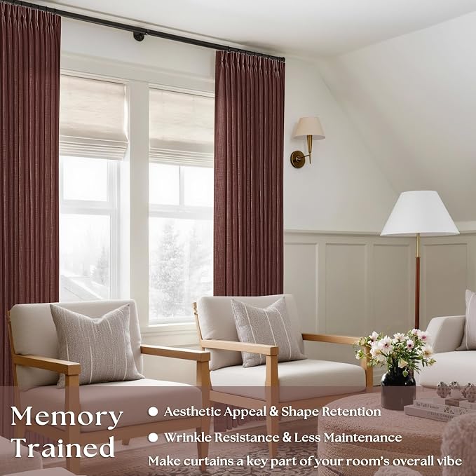 Chestnut Brown 84 Inch Pinch Semi Sheer Pleated Linen Curtains 2 Panel Set | - Image 2