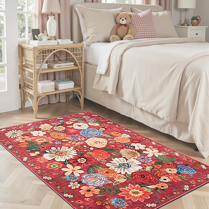 Floral Machine Washable Rug, 3x5 Rug Non Slip Soft Bedroom Rugs by WelcometoBabovid