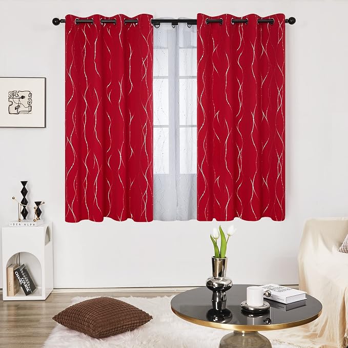 Deconovo Red Curtains, Christmas Drapes, Wave Line Dot Foil Print, 52 x 63 Inch - Image 2