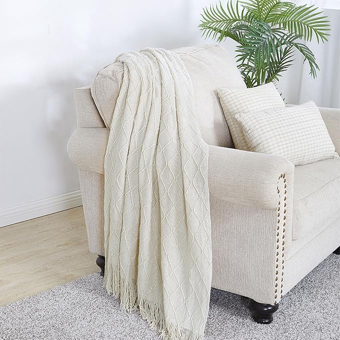 BOURINA Beige Throw Blanket 50x60 Inches Throw Textured Solid Soft Sofa Couch - Image 2