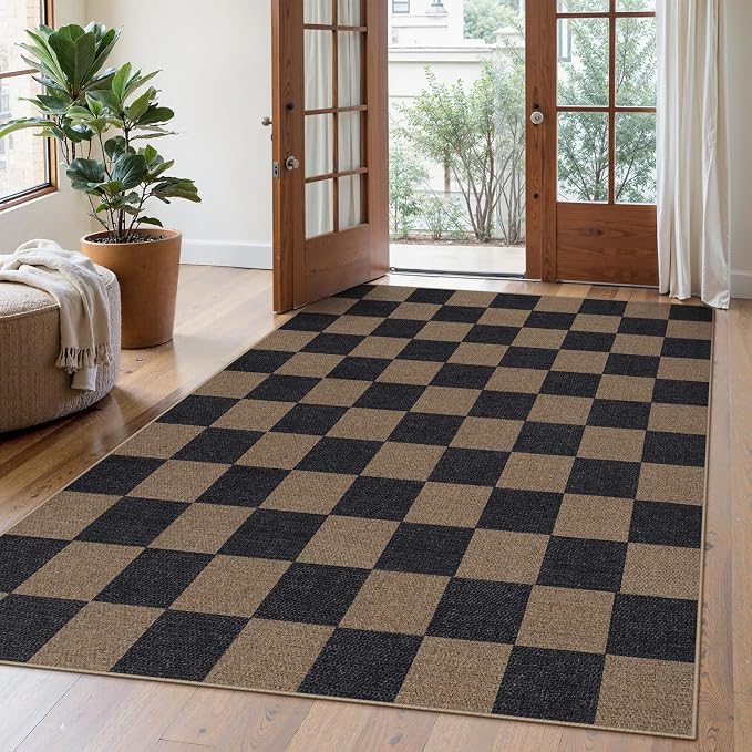 Lahome Checkered Easy Jute Living Room Rugs, 5x7 Black Dining Room Office Rug by Lahome