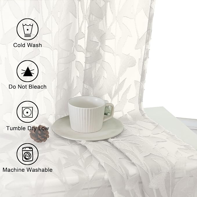 Lecloud Leia Ivory Sheer Curtains 120 Inches Long 2 Panels, Jacquard Textured - Image 4