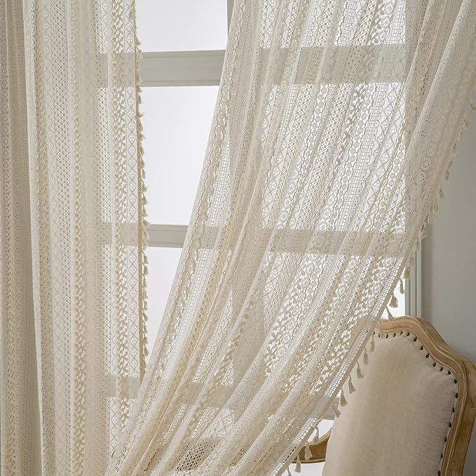 WAZZIO Boho Lace Curtains 63 Inches 2 Panel, Light Filtering Privacy Tassel & - Image 11