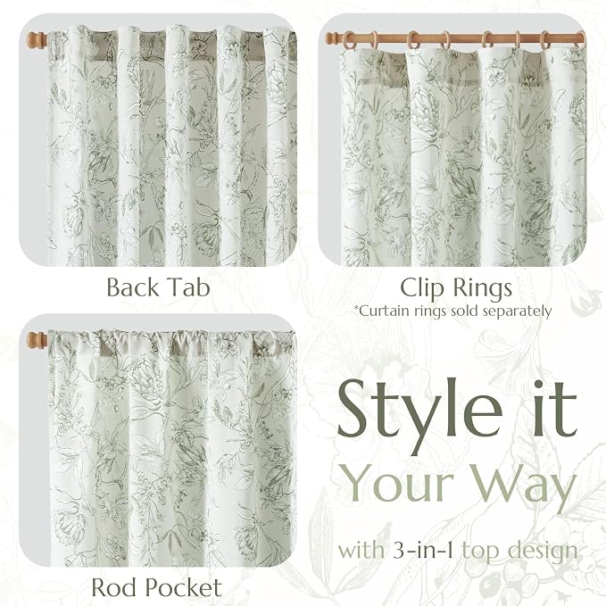 jinchan Floral Curtains 90 Inch Length Sage Green Flower Linen Farmhouse Curtain - Image 5