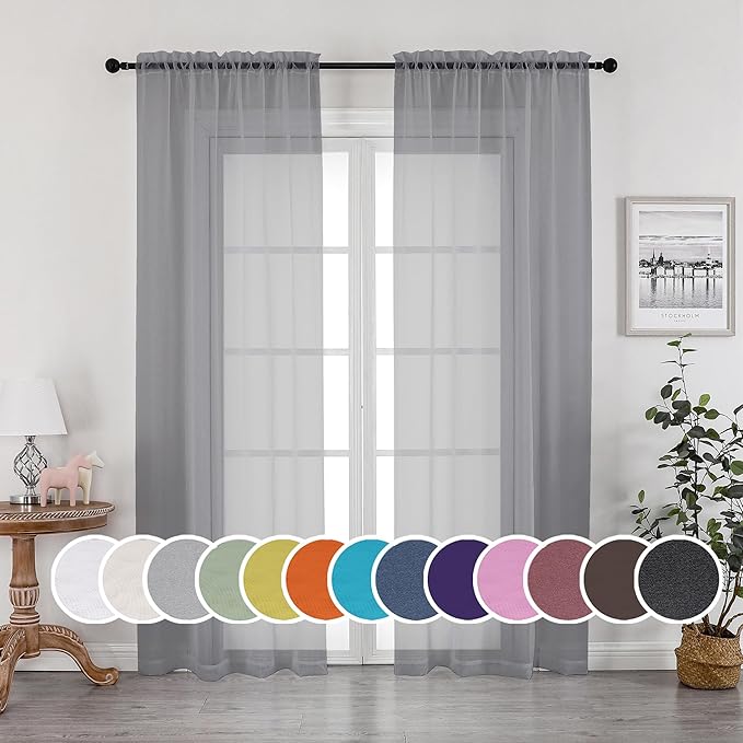 OWENIE Grey Sheer Curtains, Sheer Curtains 84 inches Long 2 Panels Set by OWENIE