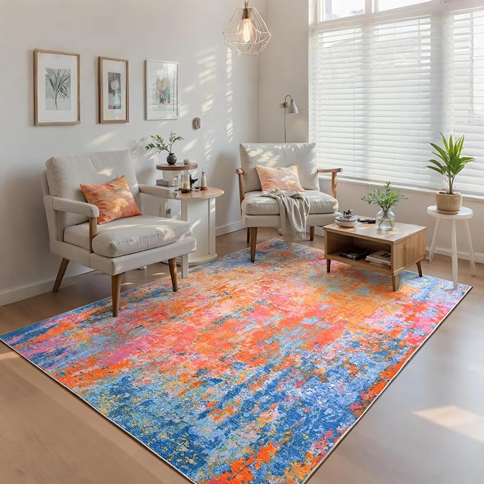 Ompaa Living Room Rug 5x7 Rainbow Area Rugs Washable Boho Colorful Rug Non Slip - Image 4