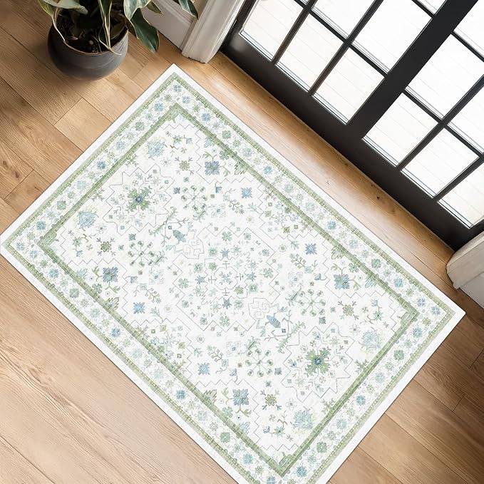 Cream Green and Blue 2x4 Boho Bathroom Rug - Image 8