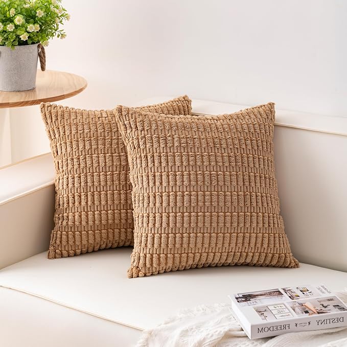 Pack of 2 Corduroy Decorative Throw Pillow Covers 16x16 Inch Soft Striped by Unknown