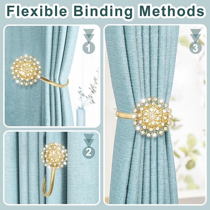 AULEEP Magnetic Curtain Tiebacks, 4 Pack Magnetic Crystal Decorative Drapes - Image 3