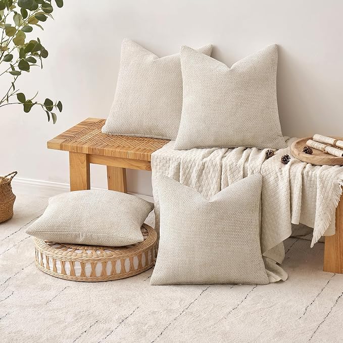 MIULEE Soft Decorative Chenille Euro Pillow Covers Cream 24x24 Pack of 4 | - Image 4