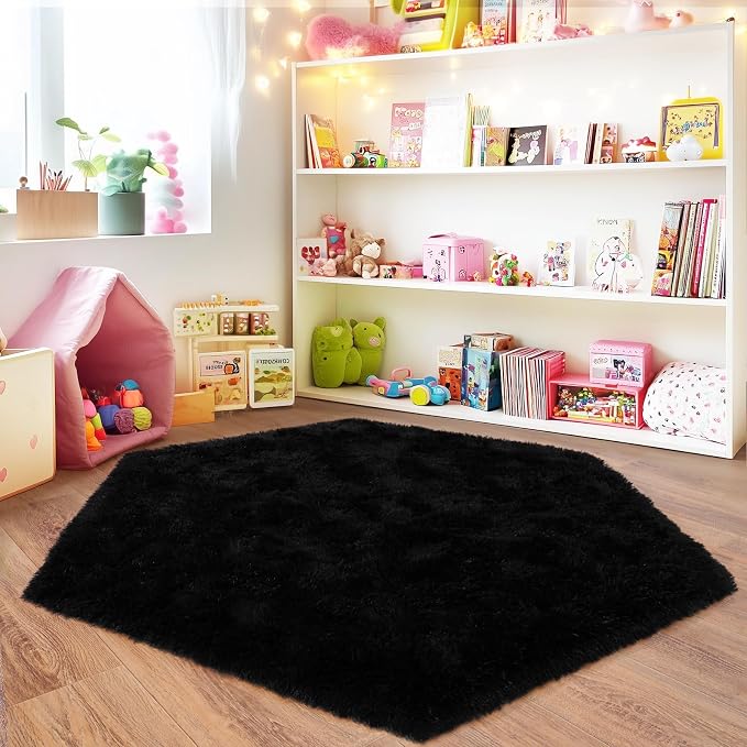 4x4.6 Feet Black Hexagon Rugs for Bedroom, Ultra Soft Fluffy Hexagon Area Rug - Image 6