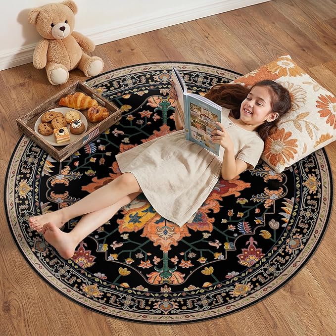 Area Rugs 4ft Washable Non-Slip, Floral Vintage Distress Print Pattern by RELEANY