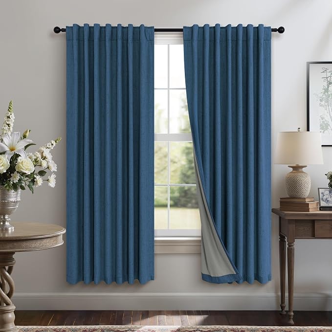 Navy Blue Black Out Curtains 63 Inch Long 2 Panel Burg Linen Textured Thermal by Pitalk
