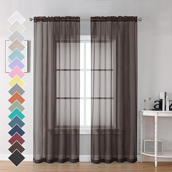 OVZME Chocolate Brown Sheer Curtains 84 Inches Long 2 Panels, Light Filtering by OVZME
