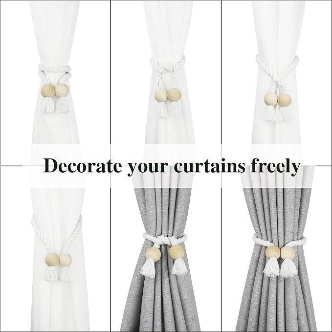 4 Pack Magnetic Curtain Tiebacks Cotton Hand Woven Tie Back Decorative Rope - Image 5