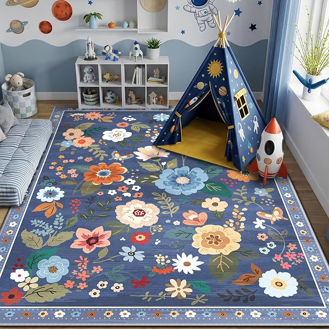 RELEANY Floral Washable 6x9 Area Rugs Blue/Grey | Flower Carpet Print Boho Cute by RELEANY
