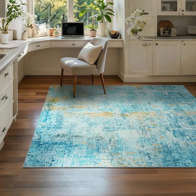 Entryway Rug 3x5 Teal Blue Bedroom Area Rug Washable Non Slip Abstract Boho Rugs - Image 4