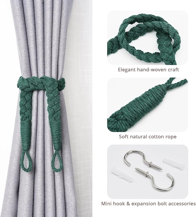 NICEEC 2 Pack Natural Cotton Rope Curtain Tiebacks Elegant Boho Style - Image 2