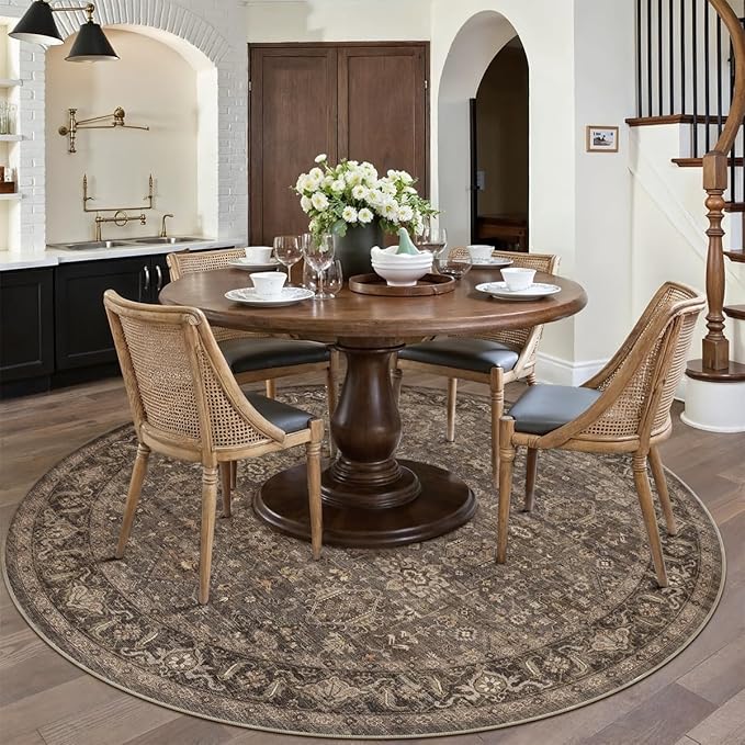 8x8 Washable Round Rug for Living Room Bedroom Vintage Brown Non Slip Carpet - Image 2
