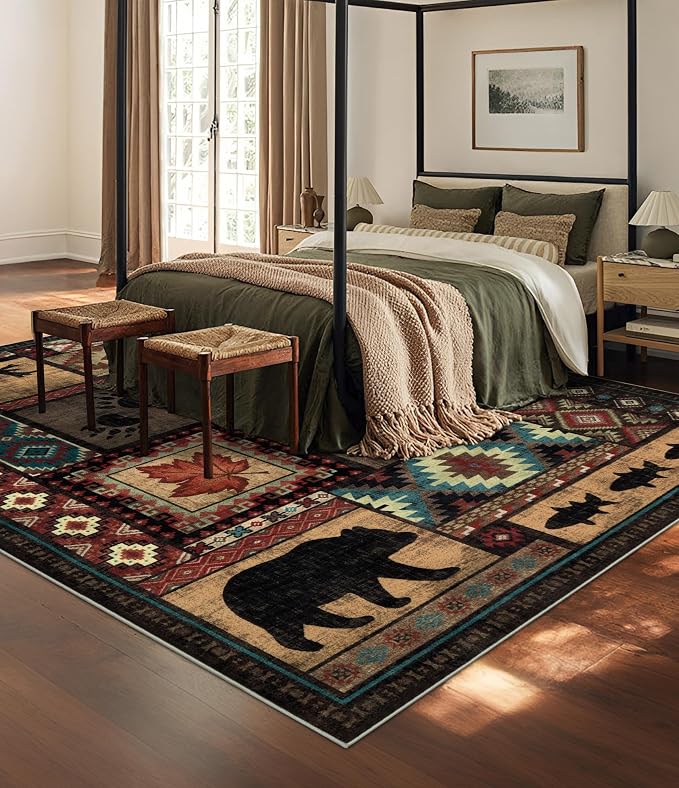 YIHOUSE Rustic Cabin Area Rug 8x10, Machine Washable Lodge Bear Rug, Non-Slip - Image 3