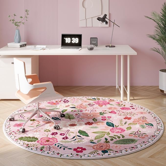 Rugcomf Round Rug 4ft Washable Circle Rug Non Slip Low Pile Boho Floral Small - Image 5