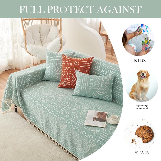 HANDONTIME Farmhouse Couch Cover Tassel Light Green Sofa Covers - Image 5