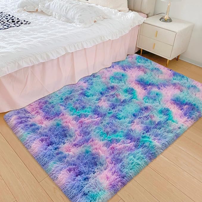 Small Area Rug for Bedroom 3x5ft Mini Tie-Dye Purple Rainbow Fluffy Rug Mat - Image 3