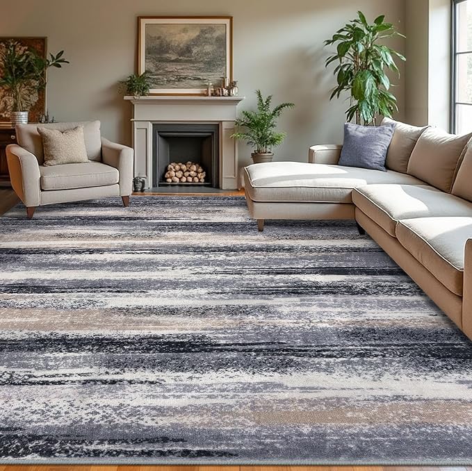 Lansny Modern Abstract 9x12 Large Machine Washable Living Room Rug Non-Slip by lansny