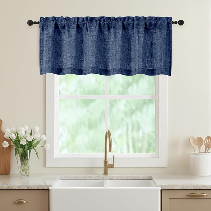 Navy Blue Valances for Windows, Light Filtering Faux Linen Textured Small Short by WelvetBLK