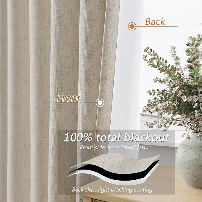 100% Blackout Linen Curtains for Bedroom 96 inches Long, Thermal Insulated Room - Image 4