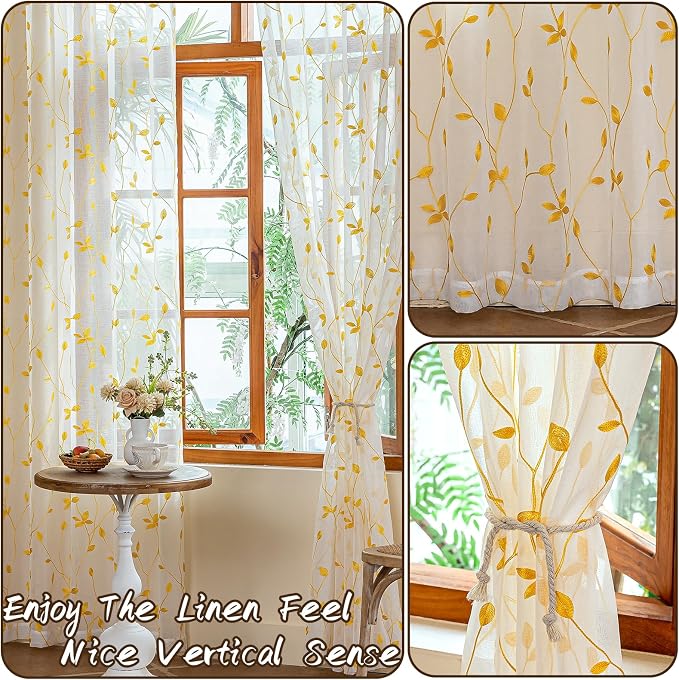 AmHoo 2 Panels Embroidered Leaf Pattern Semi Sheer Curtains Foliage Floral - Image 5