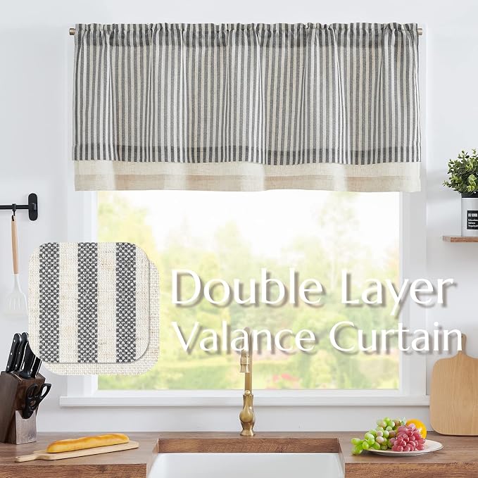 jinchan Linen Valance Curtain Striped Small Window Curtain Double Layer Light - Image 2