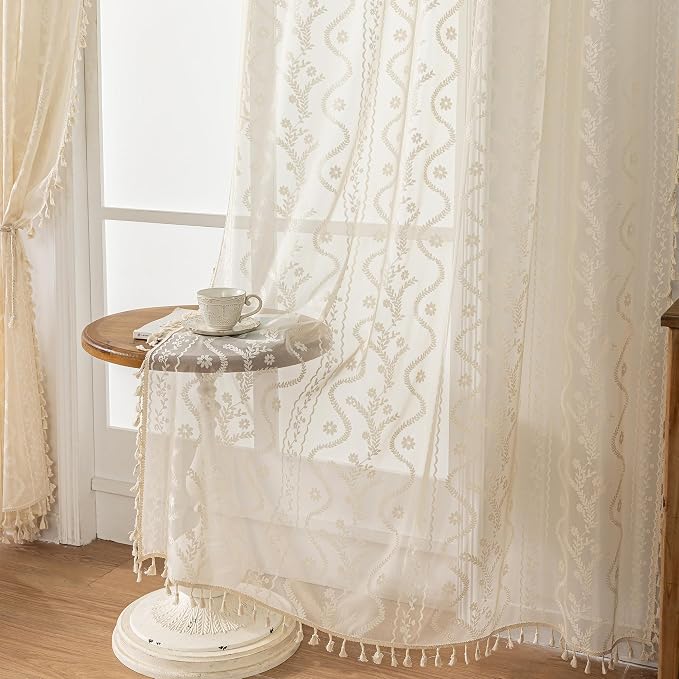 WAZZIO Boho Lace Curtains 2 Panels 90 Inches -Cute Vintage Victorian Sheer - Image 7