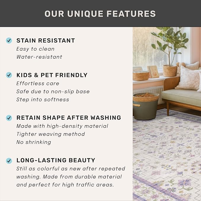 Hazo Haus Purple Rugs for Girls Bedroom, Non Slip Machine Washable 4x6 Floral - Image 7