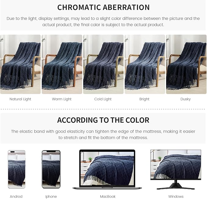 BOURINA Navy Throw Blanket 50 x70 Inches Jacquard Argyle Throw Textured Solid - Image 7