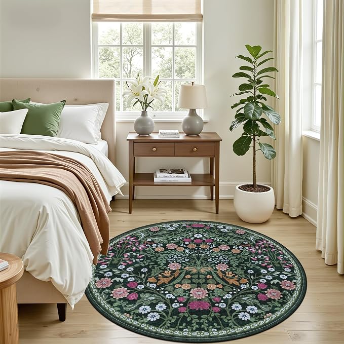 Round Area Rug for Living Room: 4 ft Floral Washable Circle Rug Soft Boho - Image 3